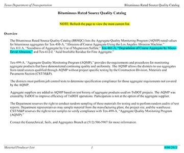 Bituminous Rated Source Quality Catalog